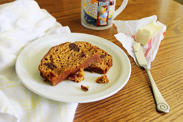 Start your day with a slice of this delicious sweet pumpkin bread studded with chocolate and cranberries.