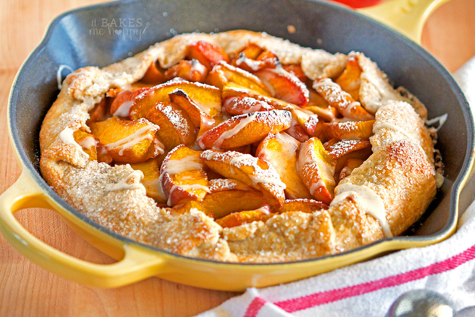 Juicy fresh peaches are baked in a delicious, flaky crust for this super easy Peach Skillet Galette that is baked in your favorite cast iron skillet.