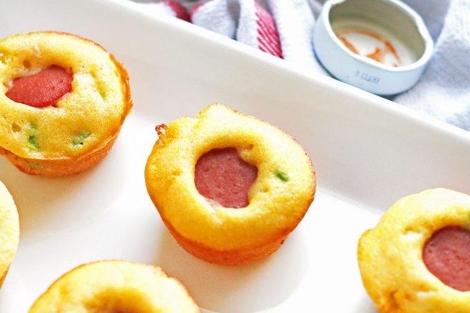 Jalapeno Cheddar Corn Dog Bites are an easy, delicous recipe perfect for gameday!